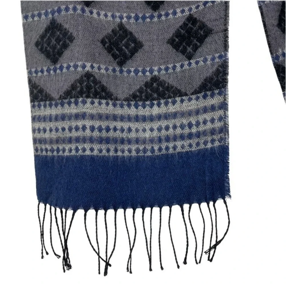 Italian Design‎ Cashmere Blend Scarf Gray Blue Geometric Fringe Winter Wrap